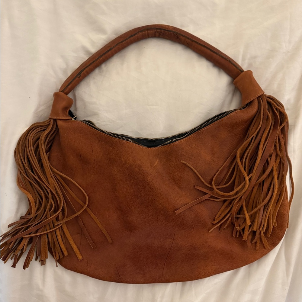 Fringed Tan Leather Hobo Bag